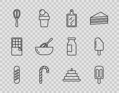 Fransız baget ekmeği, dondurma, Noel şekeri kamışı mutfak keki, yanan mumlar ve ikon. Vektör.