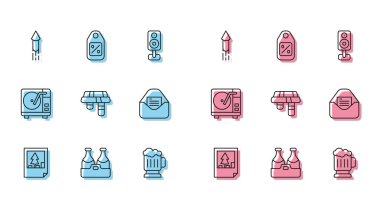 Noel kartpostalını hazırla şampanya şişesi Firework roketi bira kupası kış eşarbı parti davetiyesi vinil disk ve Price etiket ikonu ile vinil oyuncu. Vektör.