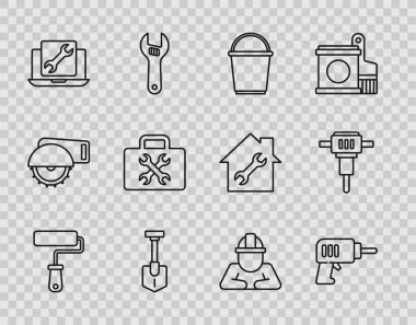 Çizgi boyası silindirli fırça elektrikli matkap kova kürek dizüstü bilgisayar servis aracı inşa ve inşaat matkabı ikonu. Vektör.