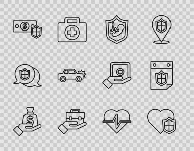 El sigortasında, rozetli el arabası ve takvim ikonu olan bir hat oluştur. Vektör.