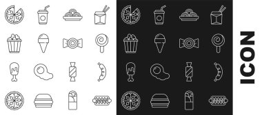 Hotdog Sandviçi Lolipop Asya eriştesi ve dondurmalı waffle külahlı patlamış mısır kutusu pizza ve şeker ikonu. Vektör.