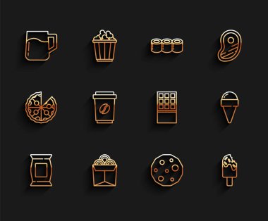 Çanta ya da patates cipsi kutusuna erişte, bira kupası bisküvi, dondurma, kahve fincanı waffle külahı ve çikolata ikonu. Vektör.