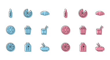 İnternetten pizza siparişi verip çubuk patlamış mısırlı, erişteli, Çin yemeği çubuklu ve ikonlu hot dog sandviçi dağıtın. Vektör.