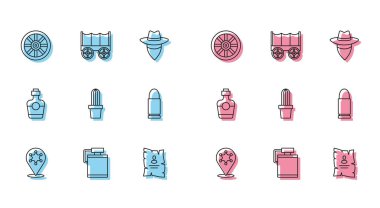 Hexagram şerifi Kantin su şişesi Eski ahşap tekerlek Kaktüs kaktüs kaktüs kaktüsü aranıyor Tencere tekila ve Vahşi araba ikonu. Vektör.