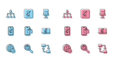 Hiyerarşi organizogramı grafikli Freelancer Büyüteç hattını dizüstü bilgisayar mobil ve simgesinde çalışan Dilsiz mikrofona ayarla. Vektör.