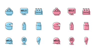 Sütlü, peynirli, peynirli, kremalı waffle külahlı, şişe köpüklü ve ikonlu. Vektör.