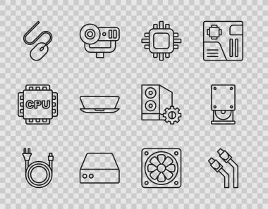 LAN kablo ağı internet işlemcisini işlemci sunucu web sunucusu fare bilgisayarı sunucusu dizüstü bilgisayar soğutucusu ve optik disk sürücüsü simgesi ile ayarla. Vektör.
