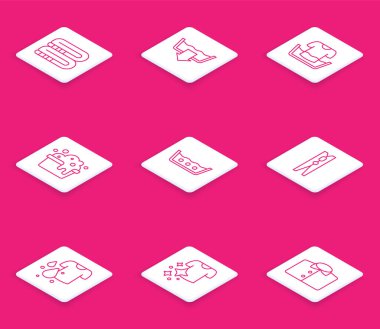 Çizgi Havlu Yığını, çamaşır yıkama modunu, tişört sabunu köpüğü, çamaşır yıkama deterjanı kirli tişört ve kurutma ikonu ile ayarla. Vektör.