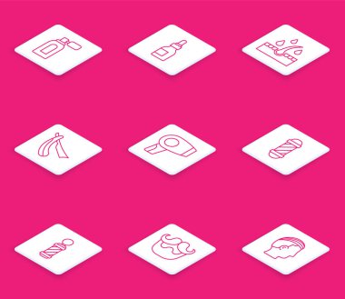 Saç bakımı için Atomizer yağı şişesiyle traş losyonunu ayarlayın. Klasik berber dükkanı direği, bıyık ve sakal ikonu. Vektör.