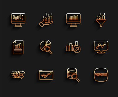 Finansal büyüme dolar grafiği grafiği bilgi borsası grafikleri sunucu web sitesi şablonu arama veri analizi ve simgesi ayarla. Vektör.