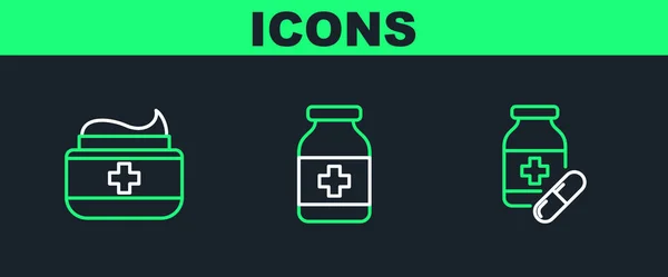 Set Lijn Medicijn Fles Pillen Zalf Crème Tube Geneeskunde Pictogram — Stockvector