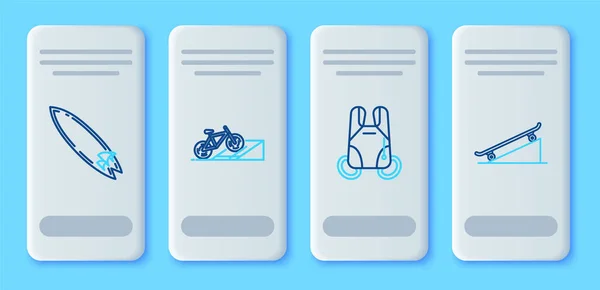 Set line Bicycle on street ramp Parachute Surfboard and Skateboard icon. Vector.