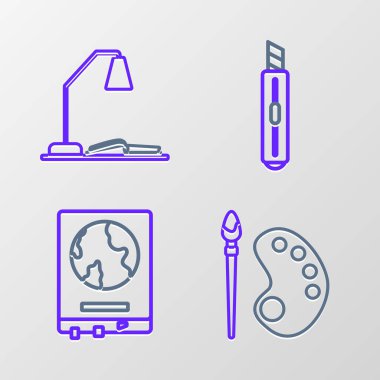 Okul karatahta kırtasiye bıçağı ve işyeri masa lambası ve açık kitap ikonu üzerine palet dünya haritası ile çizgi fırçası koyun. Vektör.