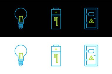 Elektrik kabinesi, fikir ve pil ikonuna sahip ampul. Vektör