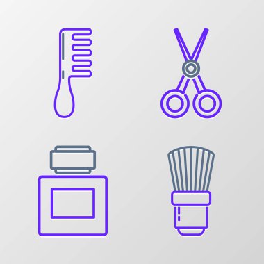 Tıraş fırçası, tıraş losyonu, makas kuaförü ve saç fırçası ikonu. Vektör