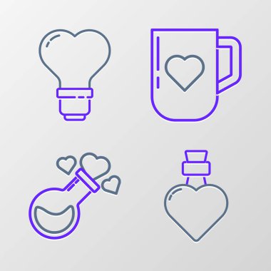 Aşk iksiri, kahve fincanı, kalp ve ampul ikonu şeklinde bir şişe hazırla. Vektör
