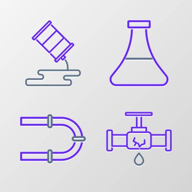 Sızdıran su, endüstri, petrol test tüpü ve fıçı yağı ikonu olan kırık bir boru hattı kurun. Vektör