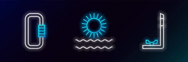 Set Line Schnorchelkarabiner Und Sonne Und Wellen Symbol Leuchtendes Neon — Stockvektor