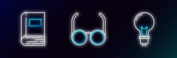 Définir Ligne Ampoule Avec Concept Idée Livre Lunettes Icône Fluo — Image vectorielle