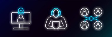 Çevrimiçi sınıf, görüntülü sohbet konferansı ve öğrenci simgesi ayarla. Parlayan neon. Vektör
