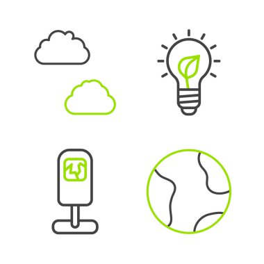 Dünya küresi, çöp kutusu, yapraklı ampul ve bulut simgesi. Vektör