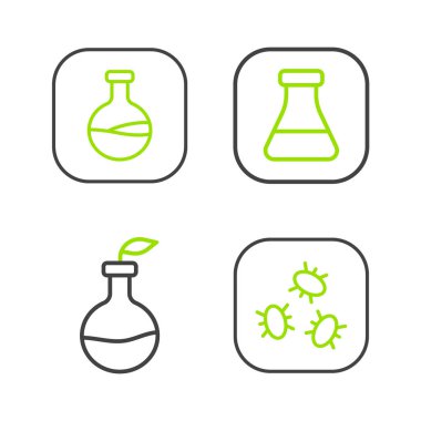 Bakteri, bitki, tüp, matara ve ikon üretimi ayarlayın. Vektör.