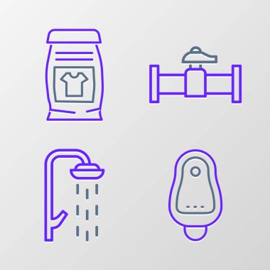 Tuvalet sidikli ya da sidikli duş endüstrisi borusu, valf ve çamaşır deterjanı ikonunu ayarlayın. Vektör.