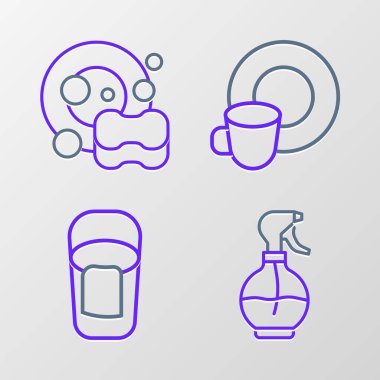 Sıraya geçin. Su püskürtme kovası. Bulaşık yıkama bezi ve ikonla. Vektör.