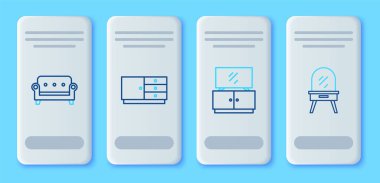 Çekmece sandığı TV masası sehpası, kanepe ve giydirme simgesi ayarla. Vektör.