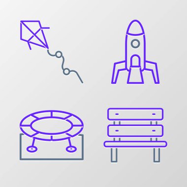 Bench Jumping trambolin roket gemisi ve Kite ikonunu ayarlayın. Vektör.