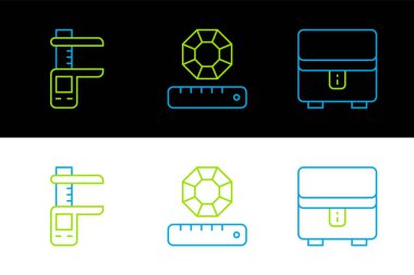 Mücevher kutusu Calliper veya kalibre ve ölçeği ve mücevher taşı simgesini ayarla. Vektör.