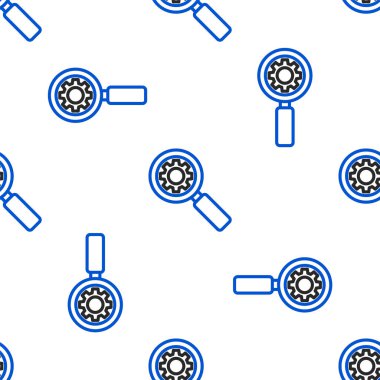 Çizgi büyüteç ve vites simgesi beyaz arka planda izole edilmiş kusursuz desen. Arama ekipmanı. İş analizi sembolü. Renkli taslak konsepti. Vektör.