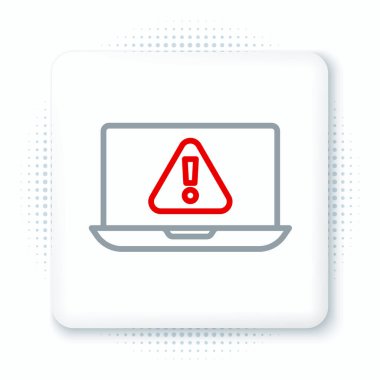 Beyaz arkaplanda ünlem simgesi olan satır dizüstü bilgisayarı. Uyarı mesajı akıllı telefon uyarısı. Renkli taslak konsepti. Vektör.