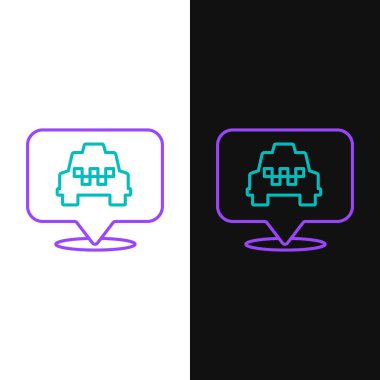 Beyaz ve siyah arkaplanda izole edilmiş taksi simgesi olan çizgi haritası işaretçisi. Konum sembolü. Renkli taslak konsepti. Vektör.