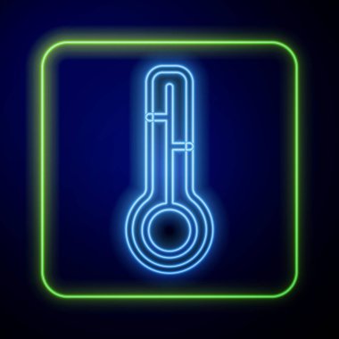Parlayan neon meteoroloji termometresi mavi arkaplanda izole edilmiş ikonu ölçüyor. Termometre termometresi sıcak ya da soğuk hava gösteriyor. Vektör.