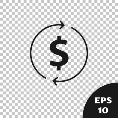 Siyah Finansal büyüme ve dolar madeni para ikonu şeffaf arka planda izole edildi. Gelirleri arttırıyorum. Vektör.