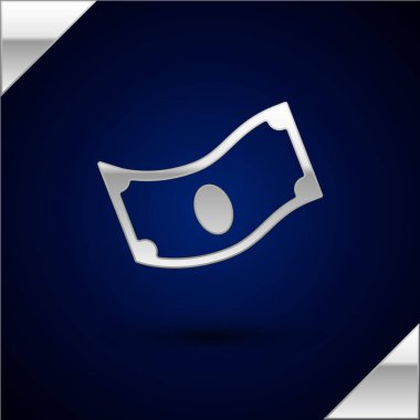 Silver Stacks kağıt para ikonu koyu mavi arka planda izole. Para desteleri. Para birimi. Vektör.