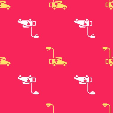 Sarı çim biçme makinesi simgesi kırmızı arkaplanda izole edilmiş pürüzsüz desen. Çim biçme makinesi çim biçiyor. Vektör.