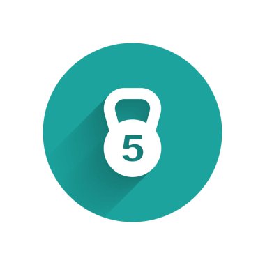 Beyaz Ağırlık simgesi uzun gölgeli izole edilmiş. Kilogram ağırlık kaldırmak ve ölçmek için ağırlık bloğu. Kütle sembolü. Yeşil daire düğmesi. Vektör.