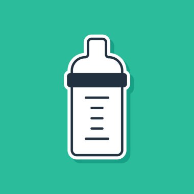 Yeşil arka planda izole edilmiş bir şişe ikonunda mavi bebek sütü. Beslenme şişesi simgesi. Vektör.