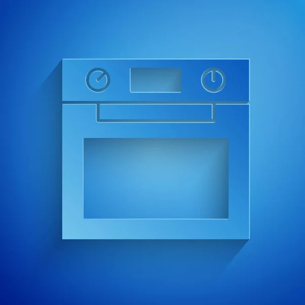 Corte Papel Icono Del Horno Aislado Sobre Fondo Azul Letrero — Vector de stock