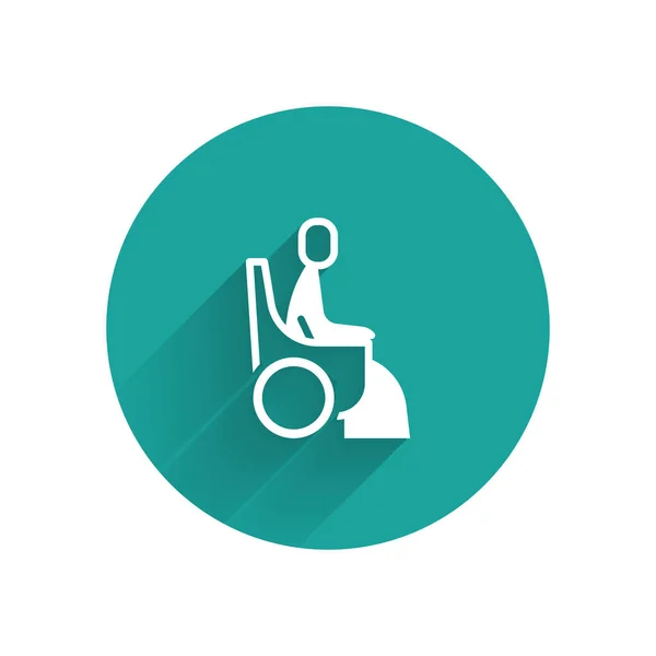 長い影で隔離された障害者アイコンのための車椅子の白い女性 緑色の丸ボタン ベクトル — ストックベクタ