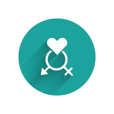 Beyaz cinsiyet simgesi uzun gölge arkaplanı ile izole edilmiş. Erkek ve kadın sembolleri. Seks sembolü. Yeşil daire düğmesi. Vektör.