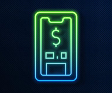 Mavi arkaplanda dolar sembolü olan parlak neon hattı Smartphone. İnternetten alışveriş konsepti. Finansal cep telefonu simgesi. Çevrimiçi ödeme. Vektör.