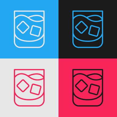 Pop sanat eseri viski ve buz küpleri ikonu renkli arka planda izole edilmiş. Vektör.