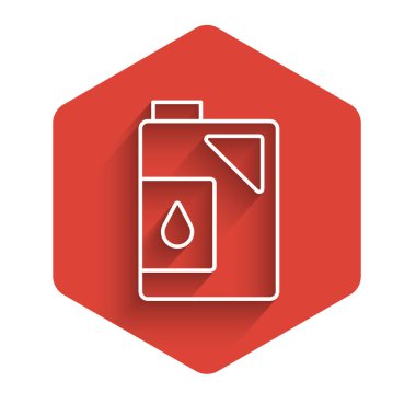 Motor makine yağı ikonu için beyaz çizgi kutusu uzun gölgeli izole edilmiş. Benzin bidonu. Yağ değiştirme ve onarım servisi. Motor yağı işareti. Kırmızı altıgen düğmesi. Vektör.