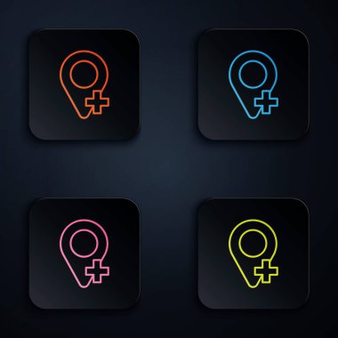 Renkli neon çizgi haritası simgesi siyah arkaplanda izole edildi. Navigasyon, işaret, konum, harita, GPS, yön, yer, pusula, arama konsepti. Kare düğmelere simgeleri yerleştir. Vektör.