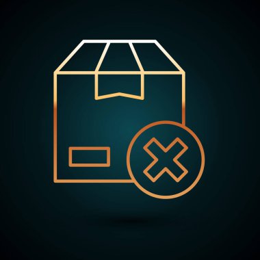 Altın çizgili karton kutu ve koyu mavi arkaplanda izole edilmiş simgeyi sil. Kutu, paket, paket işareti. Teslimat ve ambalaj. Vektör.