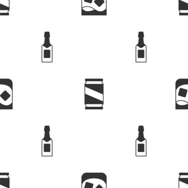 Bir bardak viski, bira kutusu ve şampanya şişesini kusursuz bir şablona ayarlayın. Vektör.