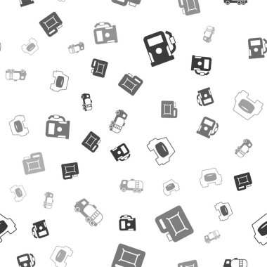 Benzin istasyonu, benzin deposu, motor yağı için teneke kutu, arabada yedek tekerlek ve tanker kamyonunu sorunsuz bir şekilde ayarlayın. Vektör.